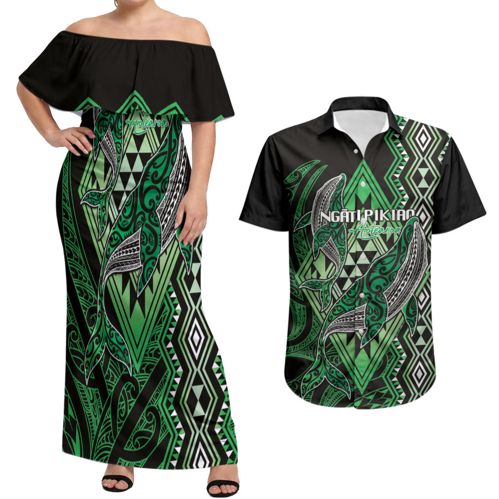 Aotearoa Iwi Ngati Pikiao Personalised Couples Matching Off Shoulder Maxi Dress and Hawaiian Shirt NZ Maori Humpback Whale Taniko Motifs LT14 Green - Polynesian Pride