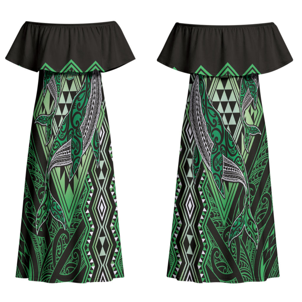 Aotearoa Iwi Ngati Pikiao Personalised Couples Matching Off Shoulder Maxi Dress and Hawaiian Shirt NZ Maori Humpback Whale Taniko Motifs