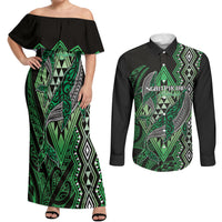 Aotearoa Iwi Ngati Pikiao Personalised Couples Matching Off Shoulder Maxi Dress and Long Sleeve Button Shirt NZ Maori Humpback Whale Taniko Motifs