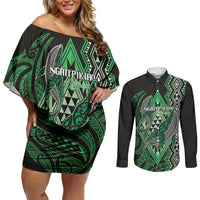 Aotearoa Iwi Ngati Pikiao Personalised Couples Matching Off Shoulder Short Dress and Long Sleeve Button Shirt NZ Maori Humpback Whale Taniko Motifs