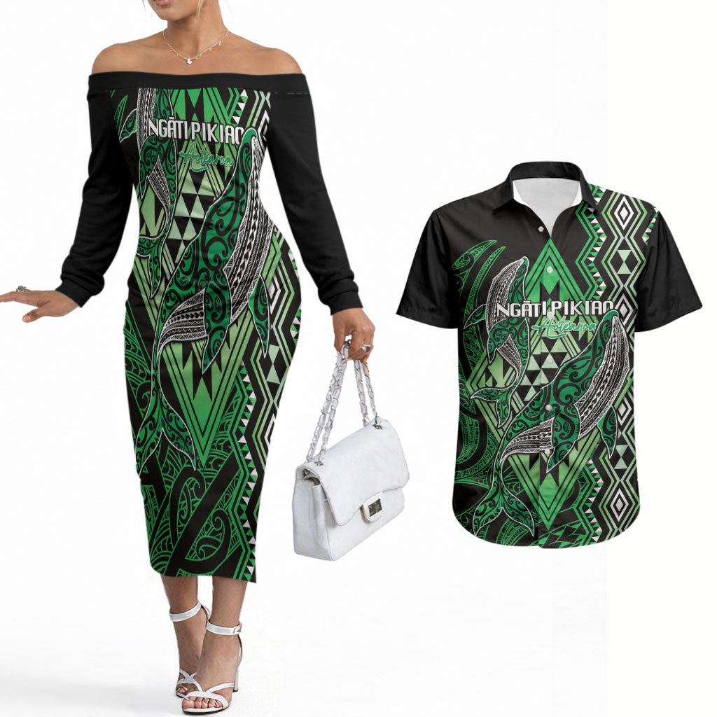 Aotearoa Iwi Ngati Pikiao Personalised Couples Matching Off The Shoulder Long Sleeve Dress and Hawaiian Shirt NZ Maori Humpback Whale Taniko Motifs