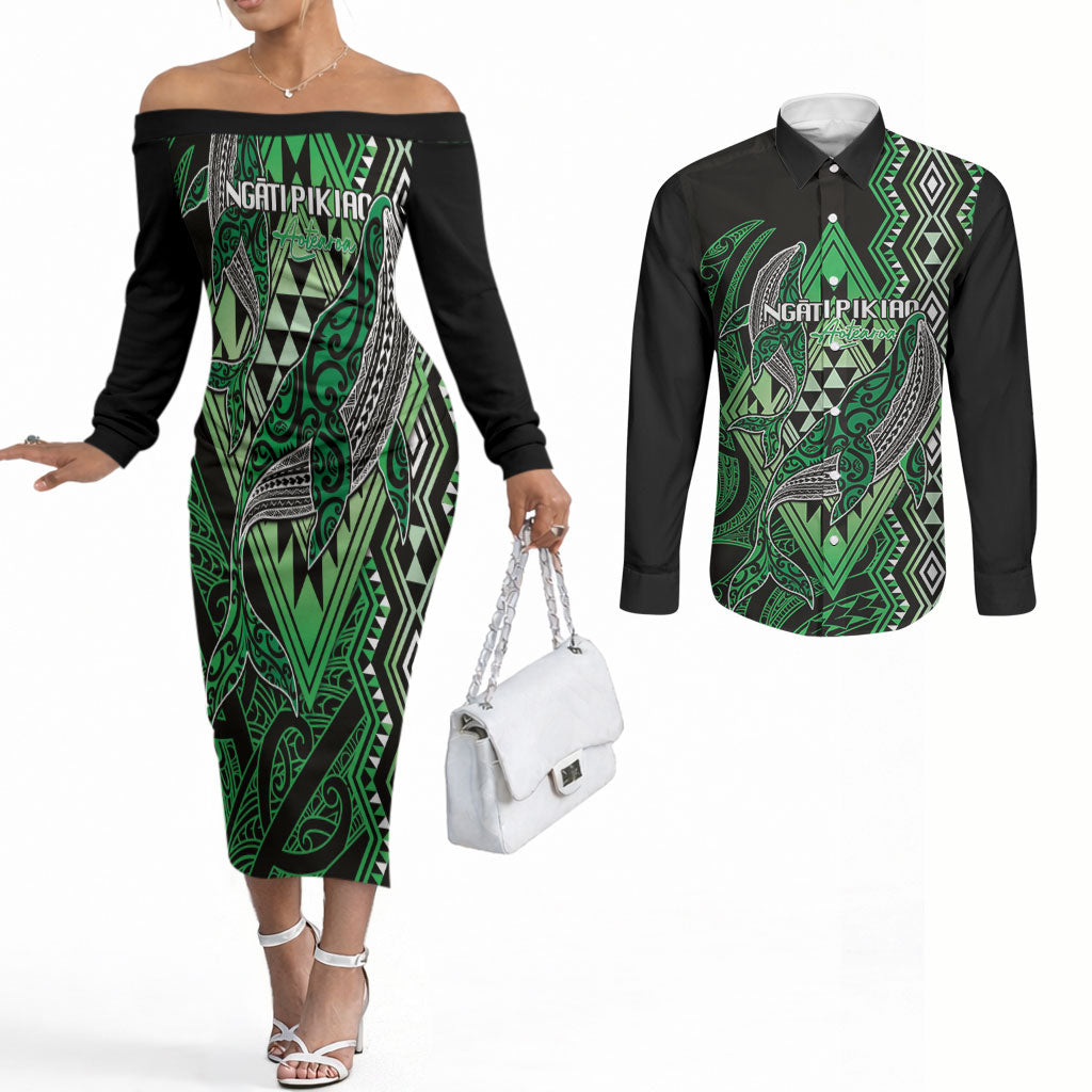 Aotearoa Iwi Ngati Pikiao Personalised Couples Matching Off The Shoulder Long Sleeve Dress and Long Sleeve Button Shirt NZ Maori Humpback Whale Taniko Motifs
