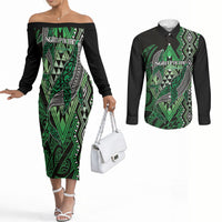 Aotearoa Iwi Ngati Pikiao Personalised Couples Matching Off The Shoulder Long Sleeve Dress and Long Sleeve Button Shirt NZ Maori Humpback Whale Taniko Motifs