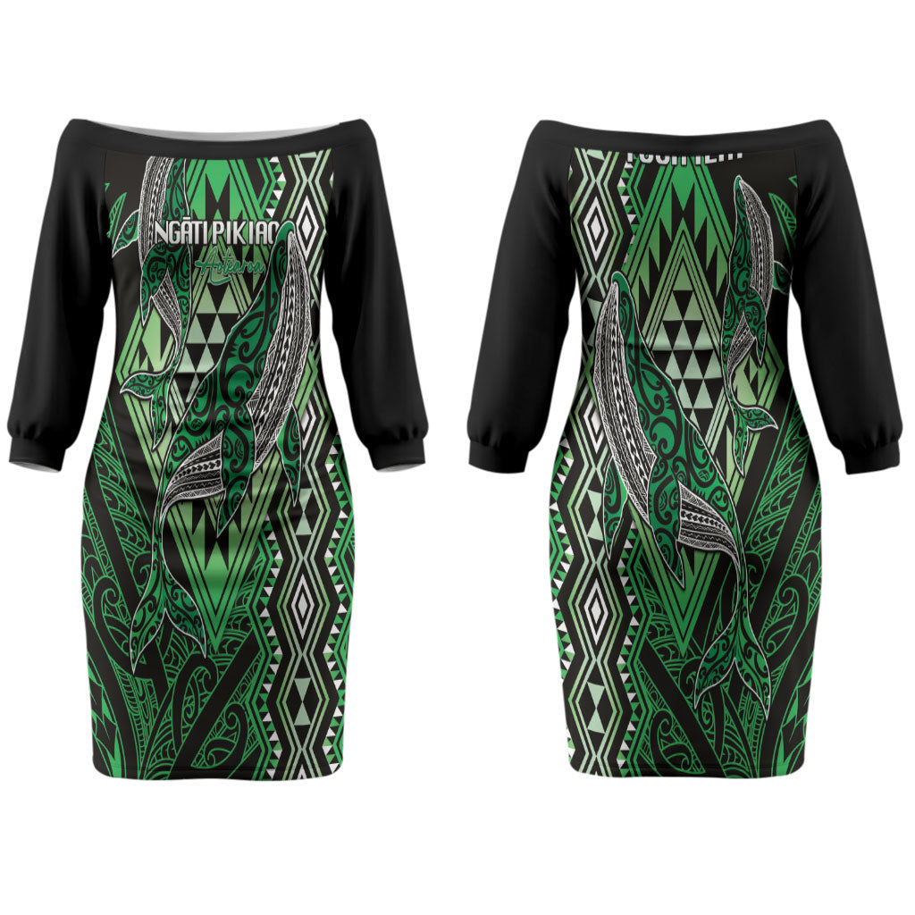 Aotearoa Iwi Ngati Pikiao Personalised Couples Matching Off The Shoulder Long Sleeve Dress and Long Sleeve Button Shirt NZ Maori Humpback Whale Taniko Motifs