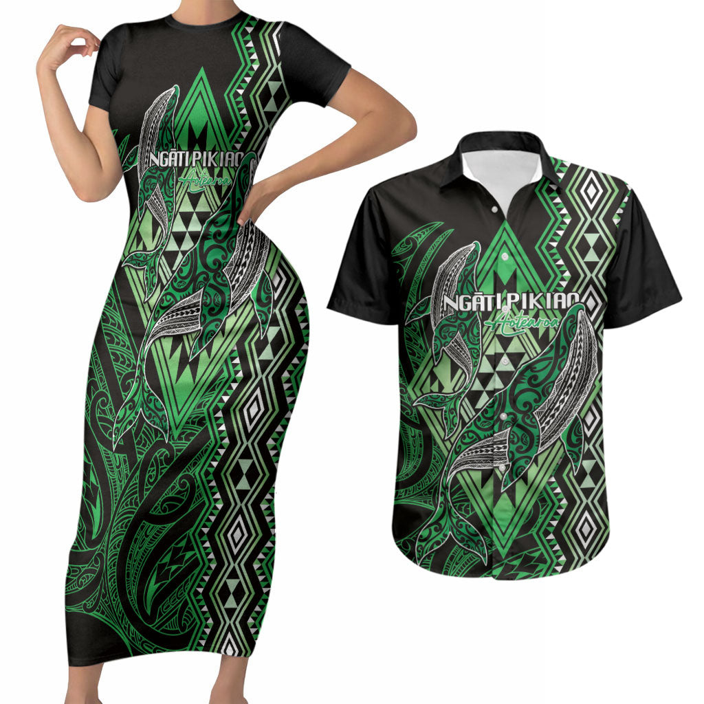 Aotearoa Iwi Ngati Pikiao Personalised Couples Matching Short Sleeve Bodycon Dress and Hawaiian Shirt NZ Maori Humpback Whale Taniko Motifs