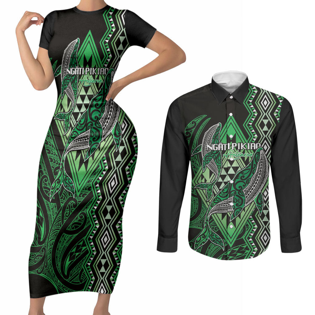 Aotearoa Iwi Ngati Pikiao Personalised Couples Matching Short Sleeve Bodycon Dress and Long Sleeve Button Shirt NZ Maori Humpback Whale Taniko Motifs
