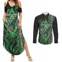 Aotearoa Iwi Ngati Pikiao Personalised Couples Matching Summer Maxi Dress and Long Sleeve Button Shirt NZ Maori Humpback Whale Taniko Motifs