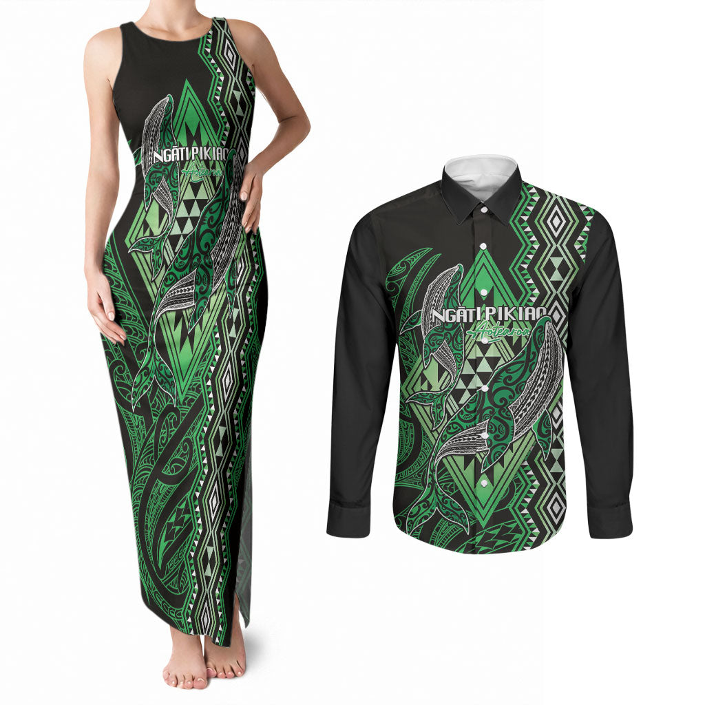Aotearoa Iwi Ngati Pikiao Personalised Couples Matching Tank Maxi Dress and Long Sleeve Button Shirt NZ Maori Humpback Whale Taniko Motifs