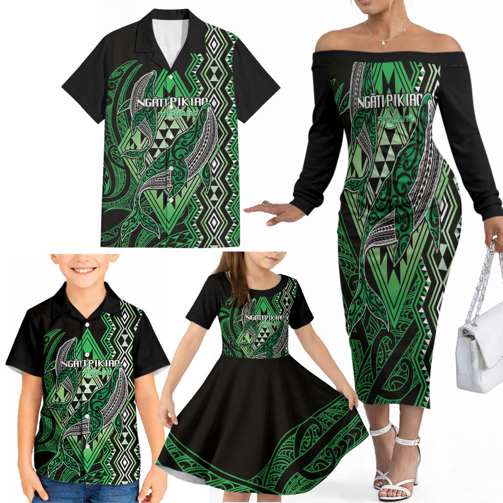 Aotearoa Iwi Ngati Pikiao Personalised Family Matching Off The Shoulder Long Sleeve Dress and Hawaiian Shirt NZ Maori Humpback Whale Taniko Motifs