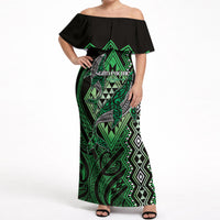 Aotearoa Iwi Ngati Pikiao Personalised Off Shoulder Maxi Dress NZ Maori Humpback Whale Taniko Motifs