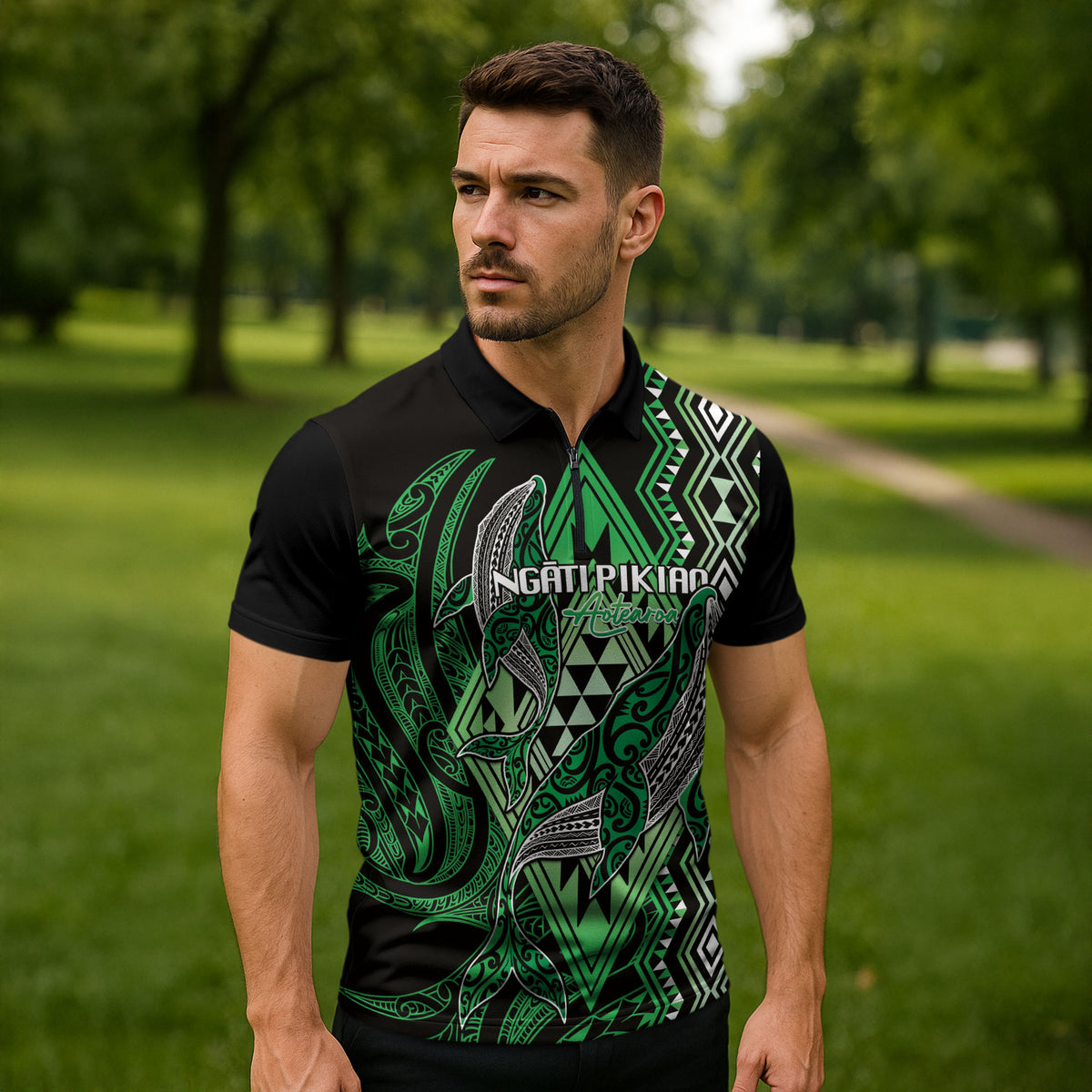 Aotearoa Iwi Ngati Pikiao Personalised Zipper Polo Shirt NZ Maori Humpback Whale Taniko Motifs