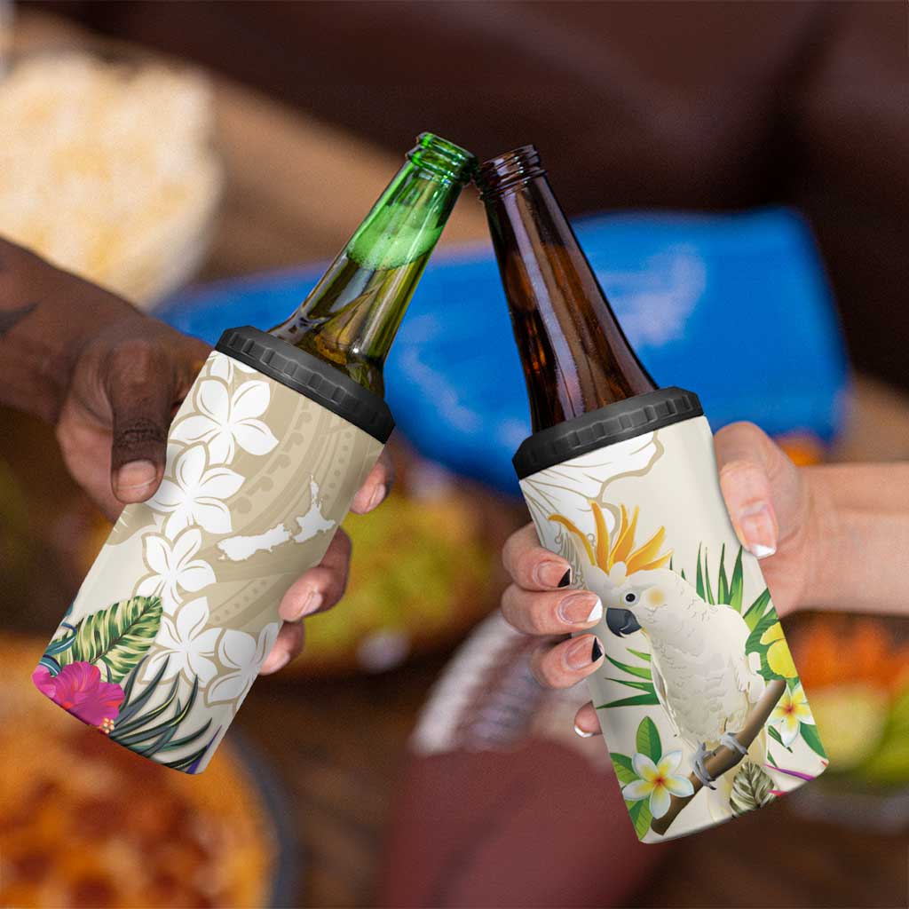 New Zealand Cacatua Galerita 4 in 1 Can Cooler Tumbler Aotearoa Cockatoo Tropical Flowers