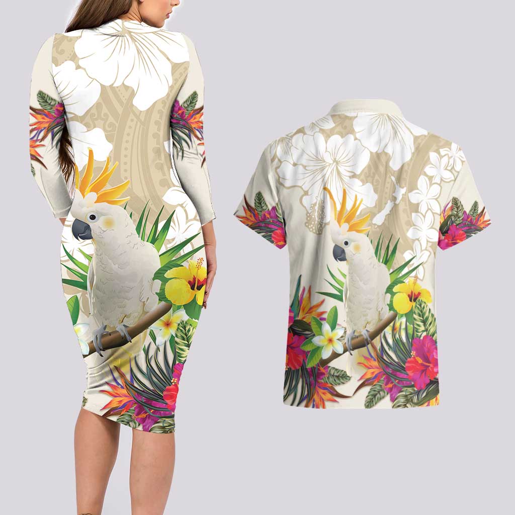 New Zealand Cacatua Galerita Couples Matching Long Sleeve Bodycon Dress and Hawaiian Shirt Aotearoa Cockatoo Tropical Flowers