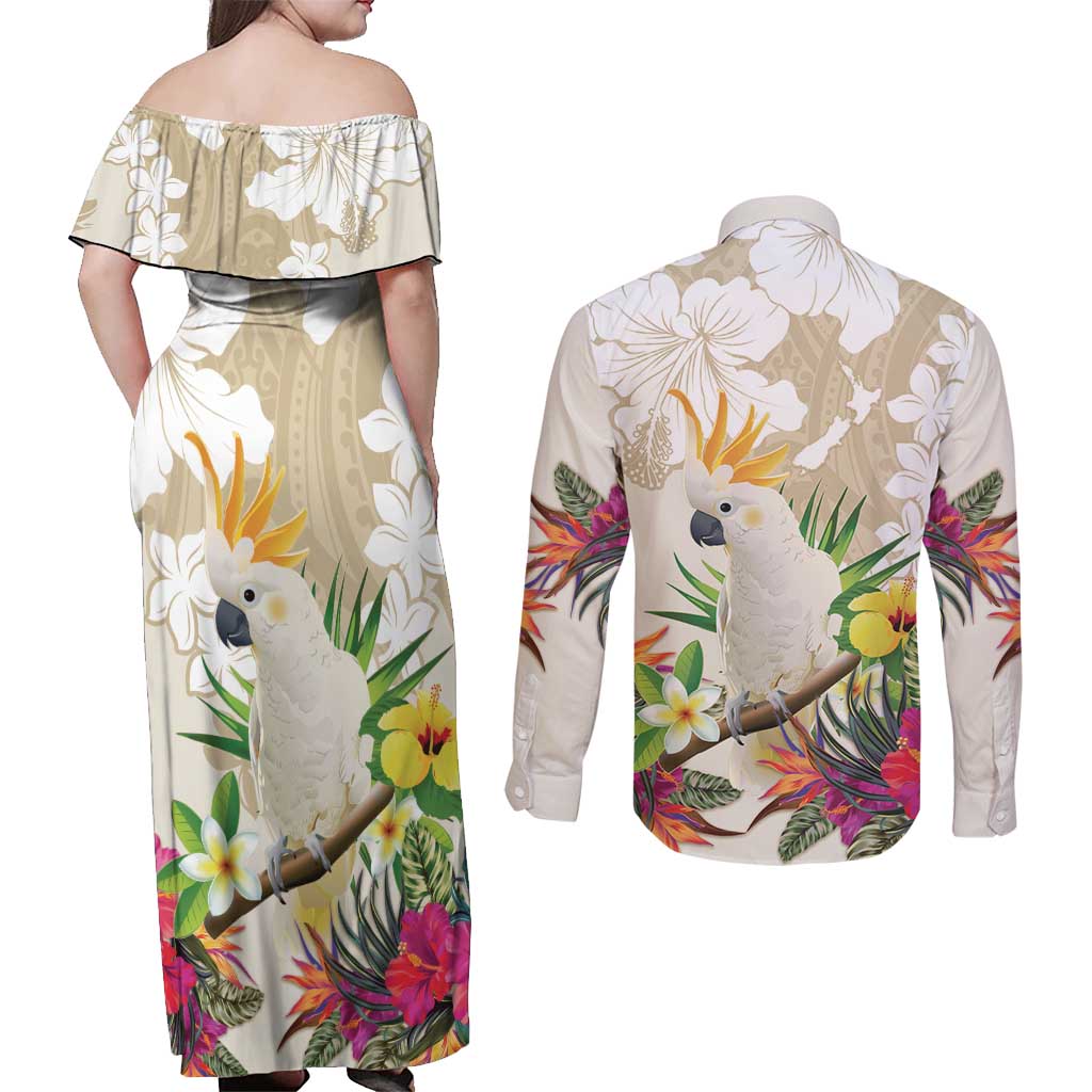 New Zealand Cacatua Galerita Couples Matching Off Shoulder Maxi Dress and Long Sleeve Button Shirt Aotearoa Cockatoo Tropical Flowers
