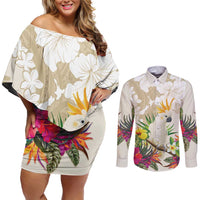 New Zealand Cacatua Galerita Couples Matching Off Shoulder Short Dress and Long Sleeve Button Shirt Aotearoa Cockatoo Tropical Flowers
