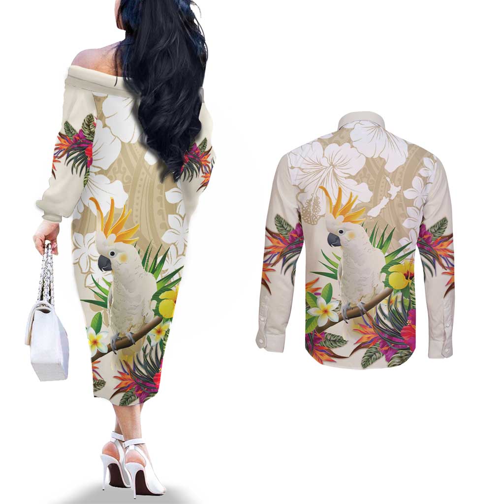 New Zealand Cacatua Galerita Couples Matching Off The Shoulder Long Sleeve Dress and Long Sleeve Button Shirt Aotearoa Cockatoo Tropical Flowers
