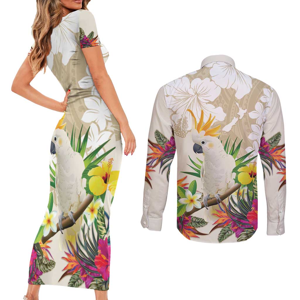 New Zealand Cacatua Galerita Couples Matching Short Sleeve Bodycon Dress and Long Sleeve Button Shirt Aotearoa Cockatoo Tropical Flowers