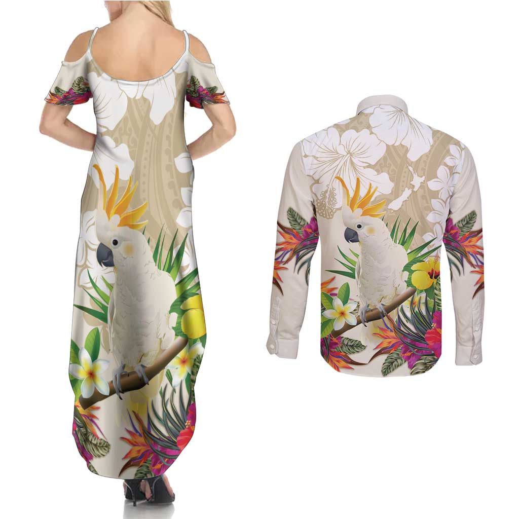 New Zealand Cacatua Galerita Couples Matching Summer Maxi Dress and Long Sleeve Button Shirt Aotearoa Cockatoo Tropical Flowers
