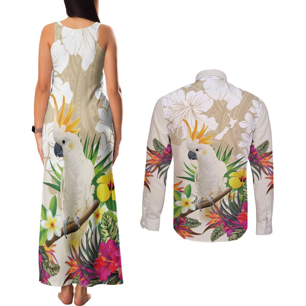 New Zealand Cacatua Galerita Couples Matching Tank Maxi Dress and Long Sleeve Button Shirt Aotearoa Cockatoo Tropical Flowers