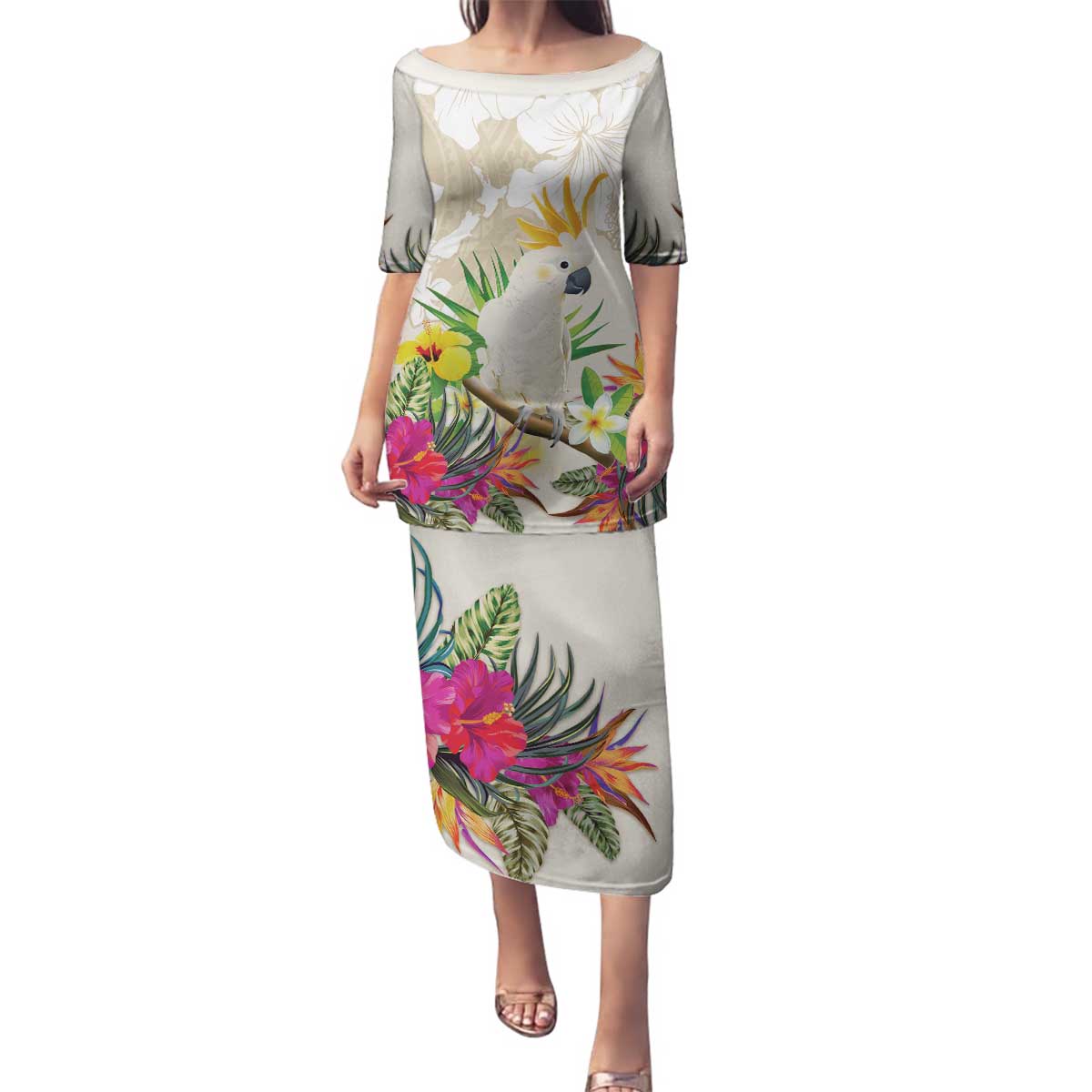 New Zealand Cacatua Galerita Family Matching Puletasi and Hawaiian Shirt Aotearoa Cockatoo Tropical Flowers