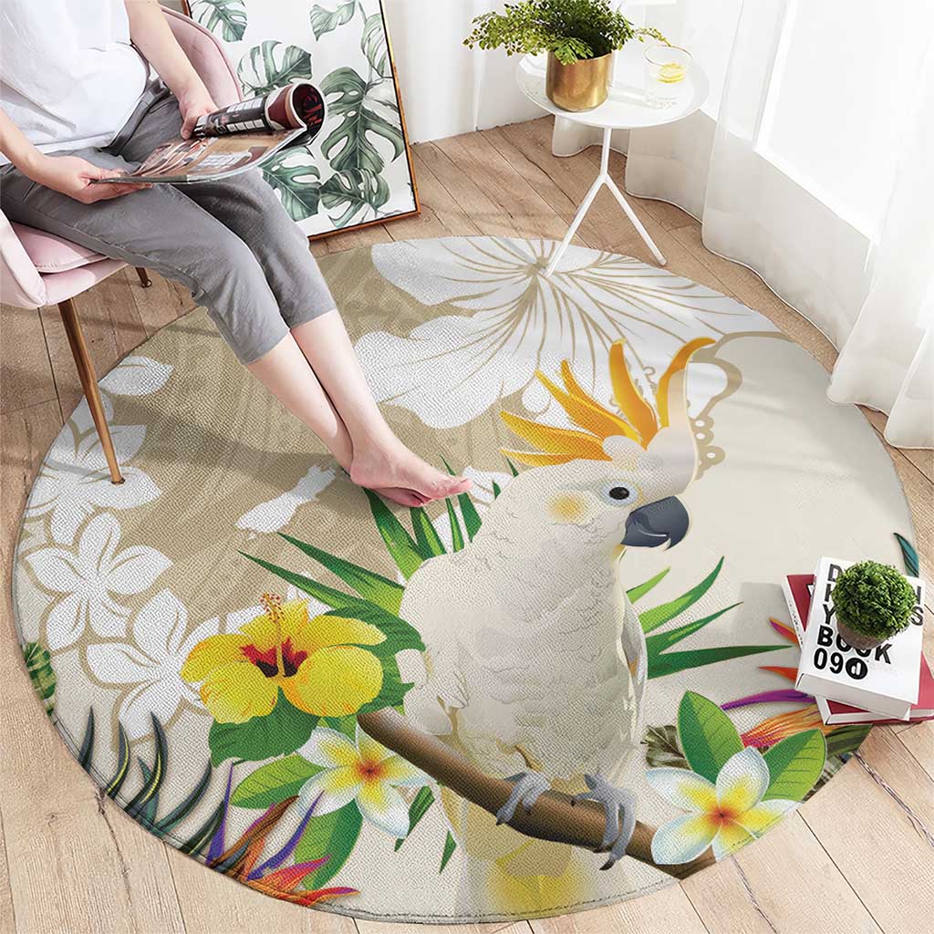 New Zealand Cacatua Galerita Round Carpet Aotearoa Cockatoo Tropical Flowers