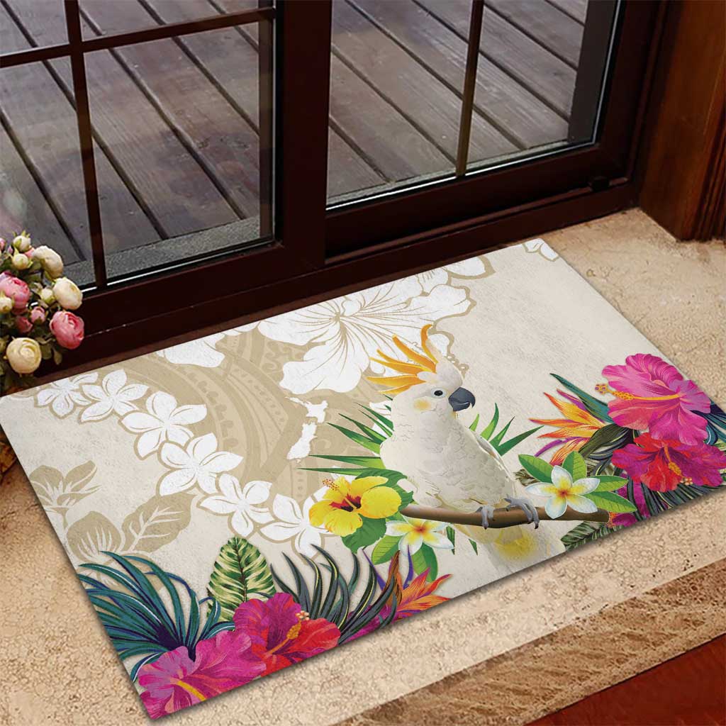 New Zealand Cacatua Galerita Rubber Doormat Aotearoa Cockatoo Tropical Flowers