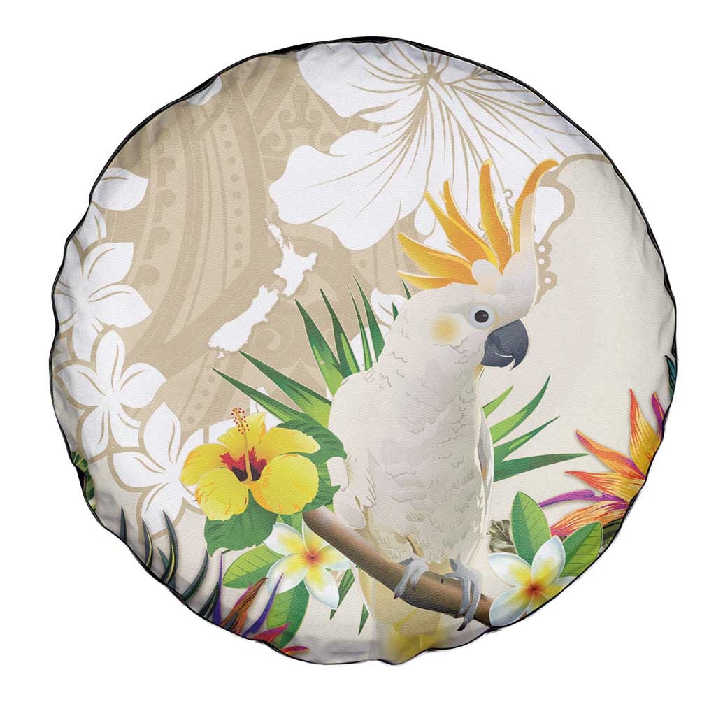 New Zealand Cacatua Galerita Spare Tire Cover Aotearoa Cockatoo Tropical Flowers