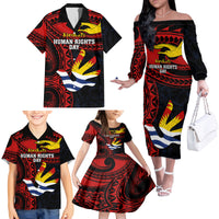 Personalised Kiribati Human Rights Day Family Matching Off Shoulder Long Sleeve Dress and Hawaiian Shirt Coat Of Arms With Polynesian Tropical Flowers LT14 - Polynesian Pride