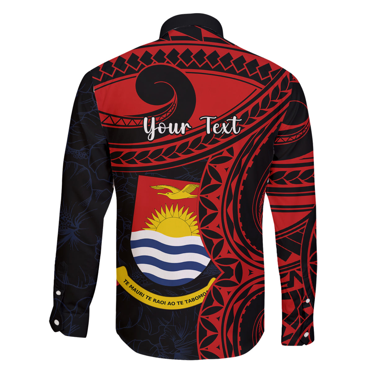 Personalised Kiribati Human Rights Day Family Matching Off Shoulder Long Sleeve Dress and Hawaiian Shirt Coat Of Arms With Polynesian Tropical Flowers LT14 - Polynesian Pride