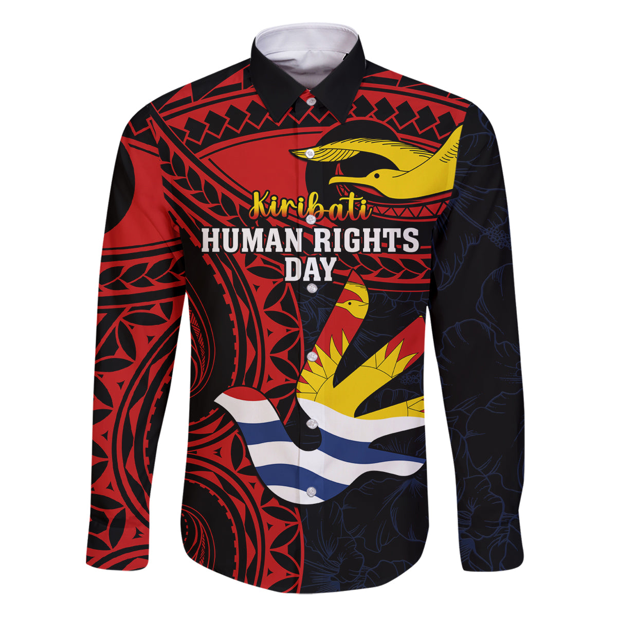 Personalised Kiribati Human Rights Day Family Matching Puletasi Dress and Hawaiian Shirt Coat Of Arms With Polynesian Tropical Flowers LT14 Dad's Shirt - Long Sleeve Black - Polynesian Pride