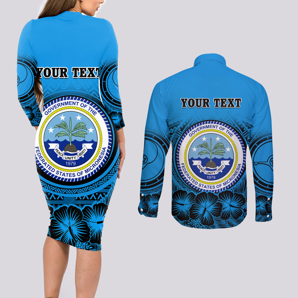 Personalised Yap Constitution Day Couples Matching Long Sleeve Bodycon Dress and Long Sleeve Button Shirt FSM Seal Happy 24 December LT14 - Polynesian Pride