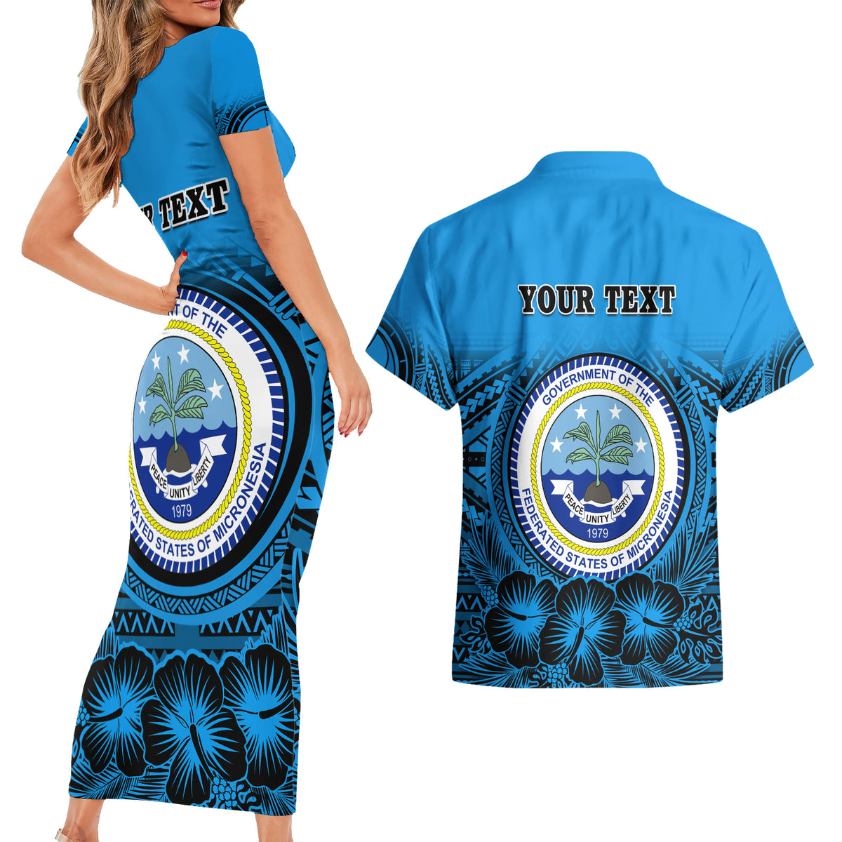 Personalised Yap Constitution Day Couples Matching Short Sleeve Bodycon Dress and Hawaiian Shirt FSM Seal Happy 24 December LT14 - Polynesian Pride