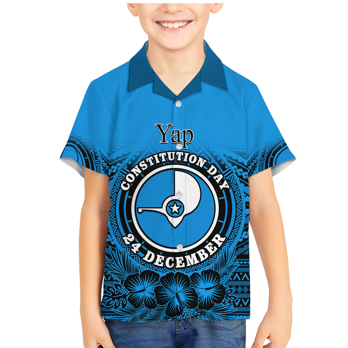 Personalised Yap Constitution Day Family Matching Mermaid Dress and Hawaiian Shirt FSM Seal Happy 24 December LT14 Son's Shirt Blue - Polynesian Pride