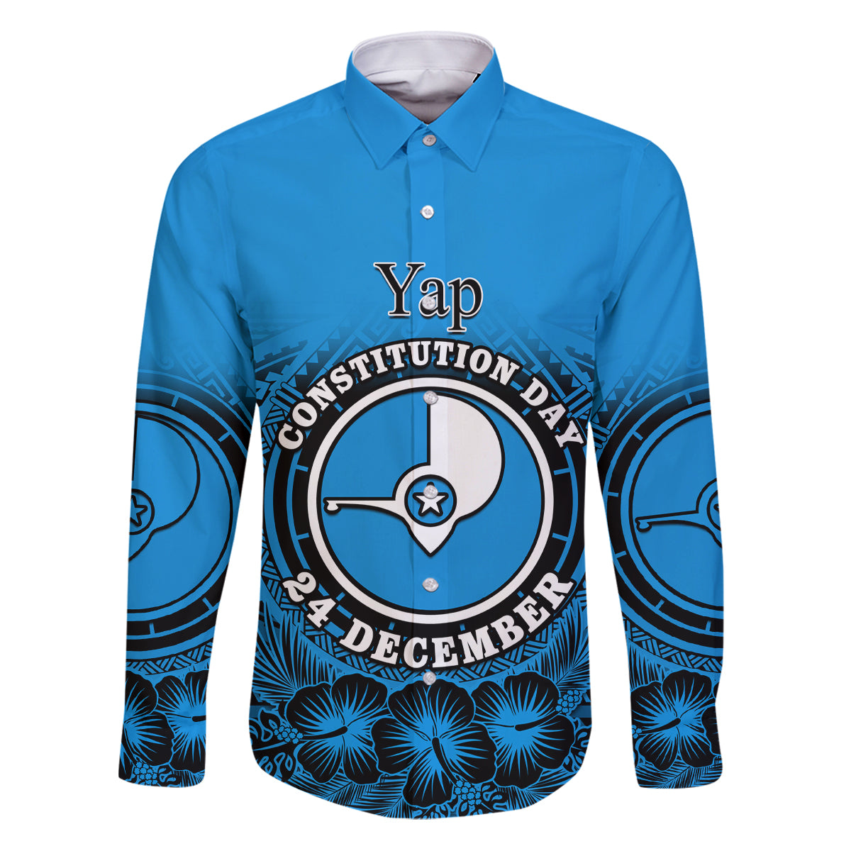 Personalised Yap Constitution Day Family Matching Puletasi Dress and Hawaiian Shirt FSM Seal Happy 24 December LT14 Dad's Shirt - Long Sleeve Blue - Polynesian Pride