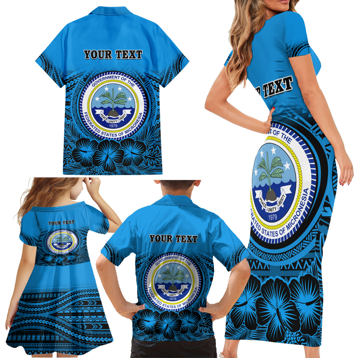 Personalised Yap Constitution Day Family Matching Short Sleeve Bodycon Dress and Hawaiian Shirt FSM Seal Happy 24 December LT14 - Polynesian Pride