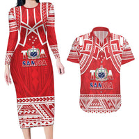 Samoa Rugby Custom Couples Matching Long Sleeve Bodycon Dress and Hawaiian Shirt Toa Samoa Pacific Sporty Red - Polynesian Pride