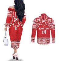 Samoa Rugby Custom Couples Matching Off The Shoulder Long Sleeve Dress and Long Sleeve Button Shirt Toa Samoa Pacific Sporty Red - Polynesian Pride