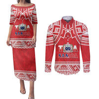 Samoa Rugby Custom Couples Matching Puletasi and Long Sleeve Button Shirt Toa Samoa Pacific Sporty Red - Polynesian Pride