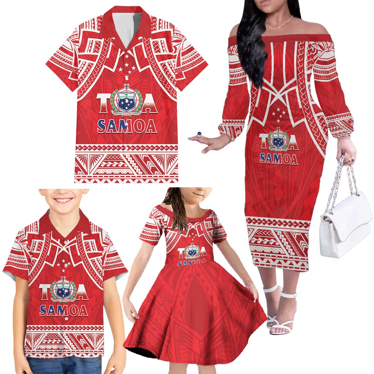 Samoa Rugby Custom Family Matching Off The Shoulder Long Sleeve Dress and Hawaiian Shirt Toa Samoa Pacific Sporty Red - Polynesian Pride