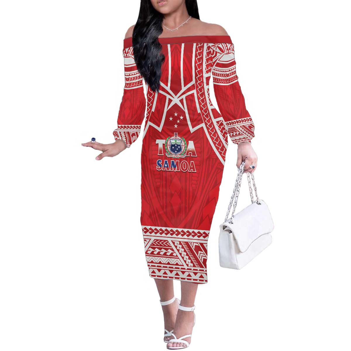 Samoa Rugby Custom Family Matching Off The Shoulder Long Sleeve Dress and Hawaiian Shirt Toa Samoa Pacific Sporty Red - Polynesian Pride