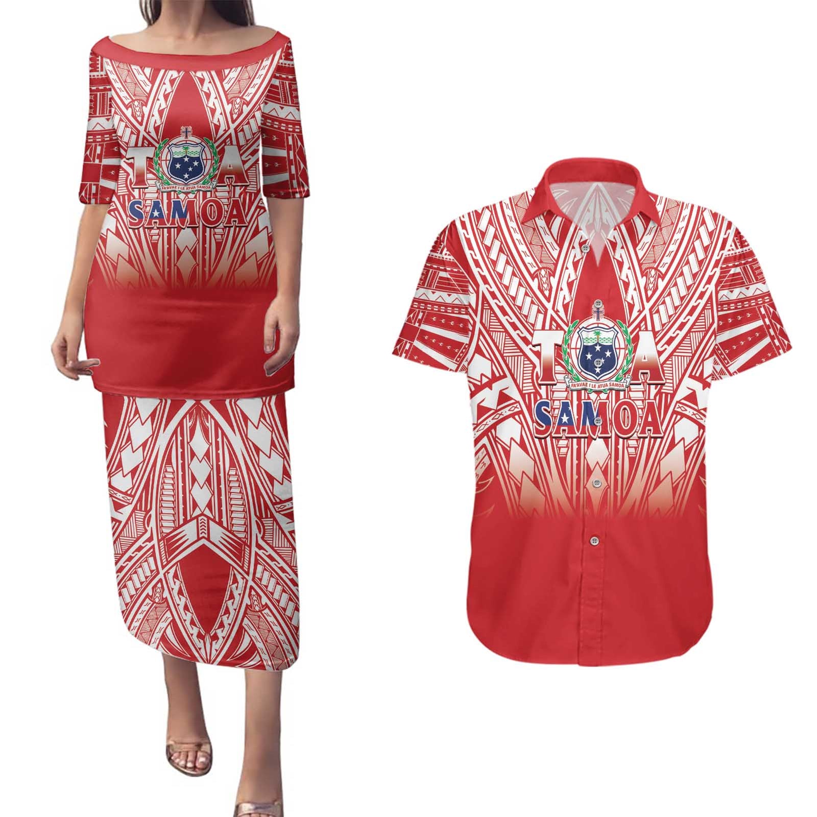 Toa Samoa Rugby Custom Couples Matching Puletasi and Hawaiian Shirt Samoa mo Samoa Polynesian Pacific Red - Polynesian Pride