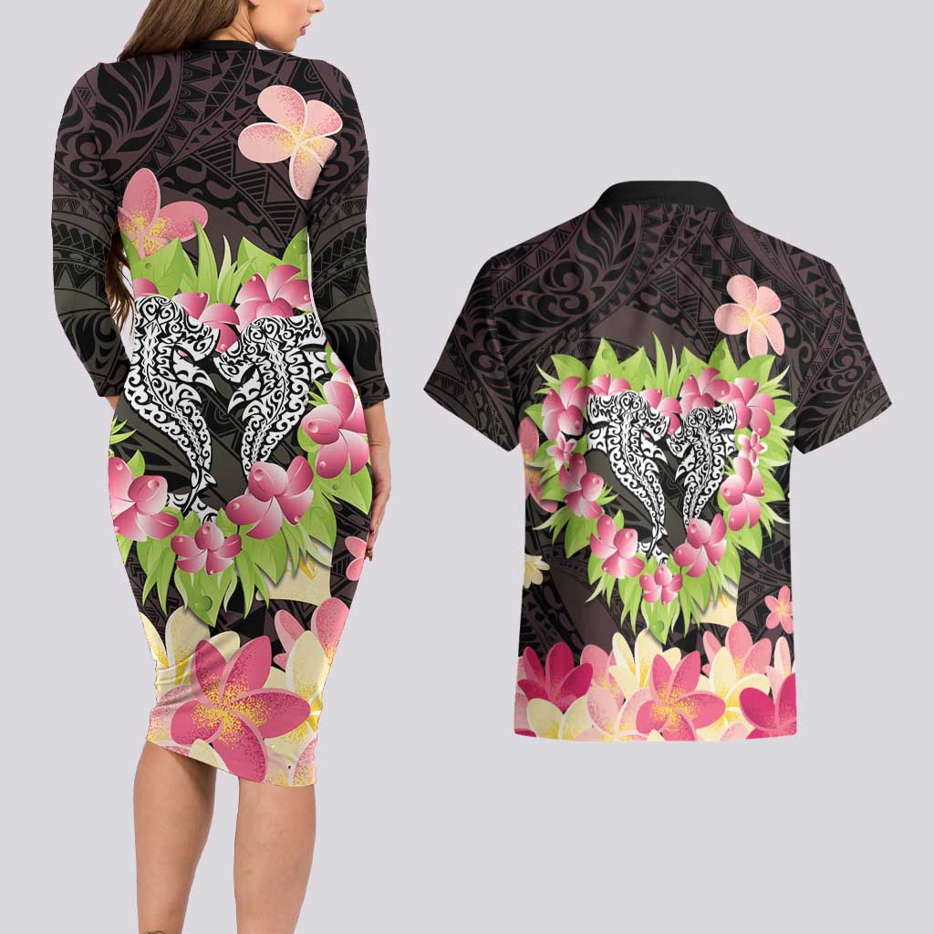 Polynesia Valentine's Day Couples Matching Long Sleeve Bodycon Dress and Hawaiian Shirt Hammerhead Shark Plumeria With Polynesian Pattern