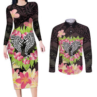 Polynesia Valentine's Day Couples Matching Long Sleeve Bodycon Dress and Long Sleeve Button Shirt Hammerhead Shark Plumeria With Polynesian Pattern LT14 Black - Polynesian Pride
