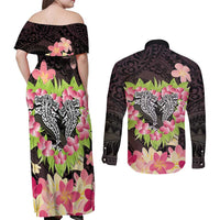 Polynesia Valentine's Day Couples Matching Off Shoulder Maxi Dress and Long Sleeve Button Shirt Hammerhead Shark Plumeria With Polynesian Pattern