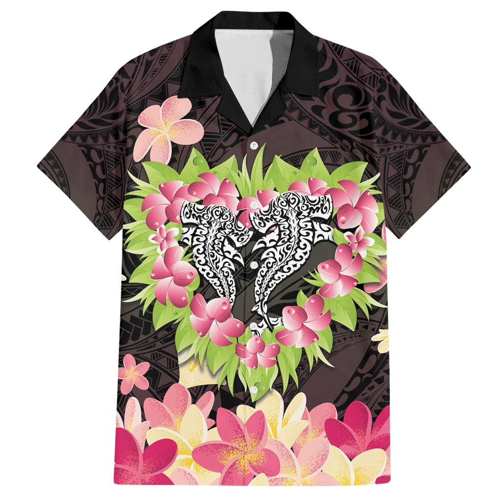 Polynesia Valentine's Day Family Matching Off Shoulder Short Dress and Hawaiian Shirt Hammerhead Shark Plumeria With Polynesian Pattern LT14 Dad's Shirt - Short Sleeve Black - Polynesian Pride