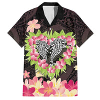 Polynesia Valentine's Day Family Matching Off Shoulder Short Dress and Hawaiian Shirt Hammerhead Shark Plumeria With Polynesian Pattern LT14 Dad's Shirt - Short Sleeve Black - Polynesian Pride