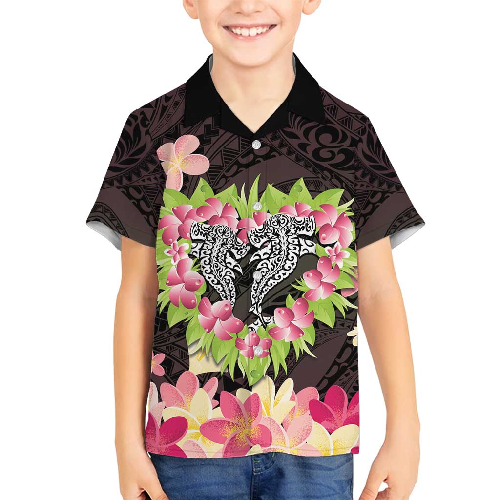 Polynesia Valentine's Day Family Matching Off Shoulder Short Dress and Hawaiian Shirt Hammerhead Shark Plumeria With Polynesian Pattern LT14 Son's Shirt Black - Polynesian Pride
