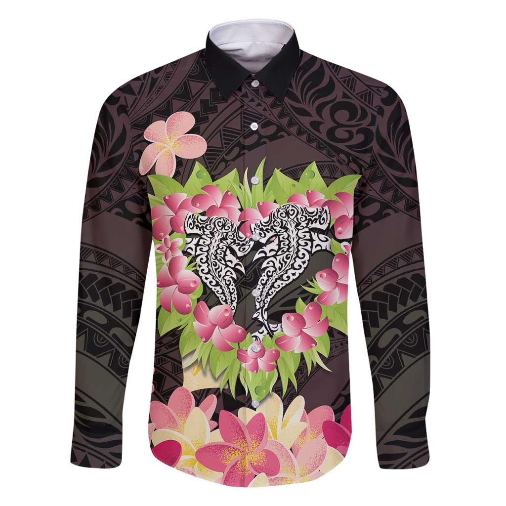 Polynesia Valentine's Day Family Matching Tank Maxi Dress and Hawaiian Shirt Hammerhead Shark Plumeria With Polynesian Pattern LT14 Dad's Shirt - Long Sleeve Black - Polynesian Pride