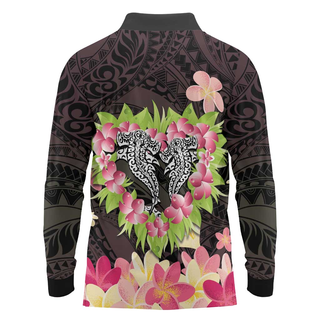 Polynesia Valentine's Day Long Sleeve Polo Shirt Hammerhead Shark Plumeria With Polynesian Pattern