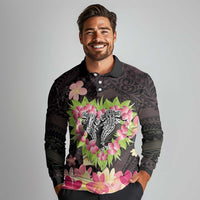 Polynesia Valentine's Day Long Sleeve Polo Shirt Hammerhead Shark Plumeria With Polynesian Pattern